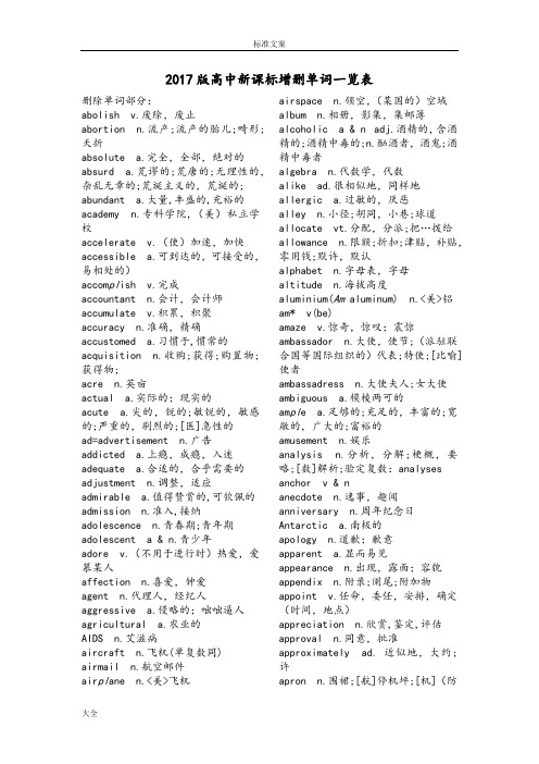 2017高中新课标增删单词一览表