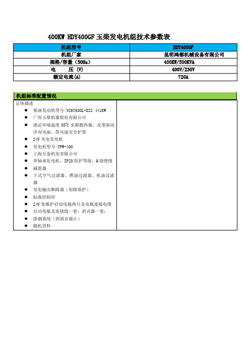 400KW玉柴发电机组技术参数 YC6T600L-D22 441