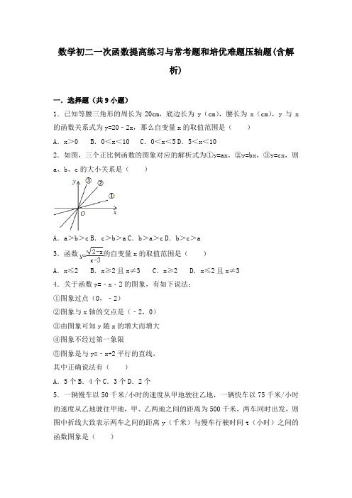 数学初二一次函数提高练习与常考题和培优难题压轴题