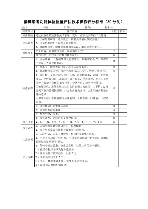 偏瘫患者功能体位位置评估技术操作评分标准表