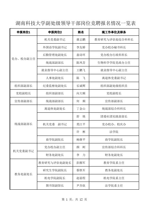 湖南科技大学副处级领导干部岗位竞聘报名情况一览表