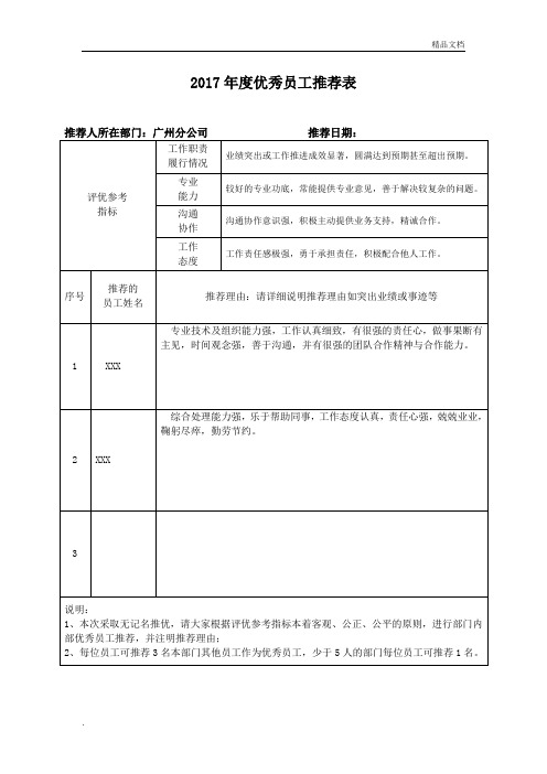 17年度优秀员工推荐表