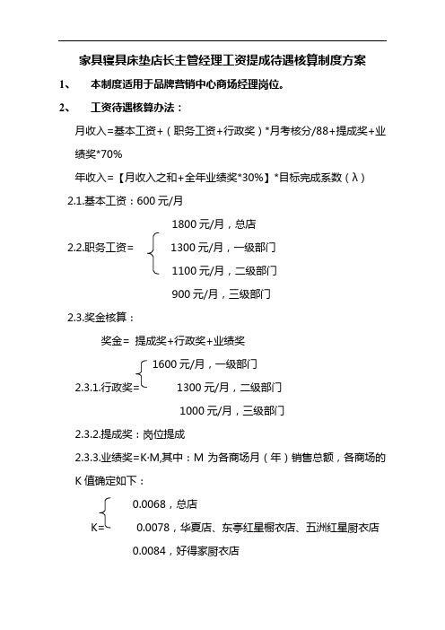 家具寝具床垫门窗门店店长主管经理工资提成待遇核算制度方案