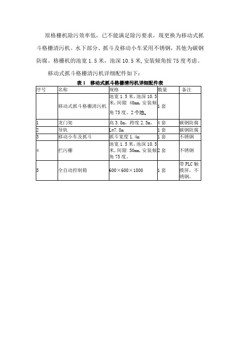 移动式抓斗格栅清污机详细配件表