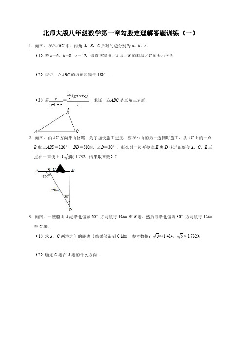 北师大版八年级数学上册 第一章勾股定理 解答题训练(一)解析版