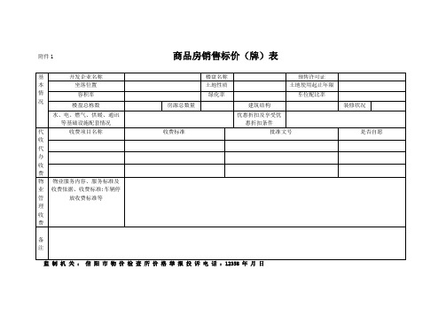 商品房销售标价牌表