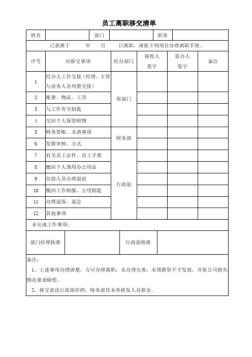 员工离职移交清单