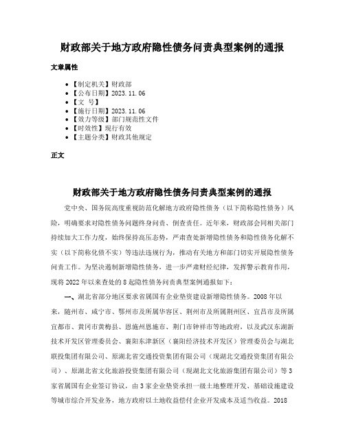 财政部关于地方政府隐性债务问责典型案例的通报