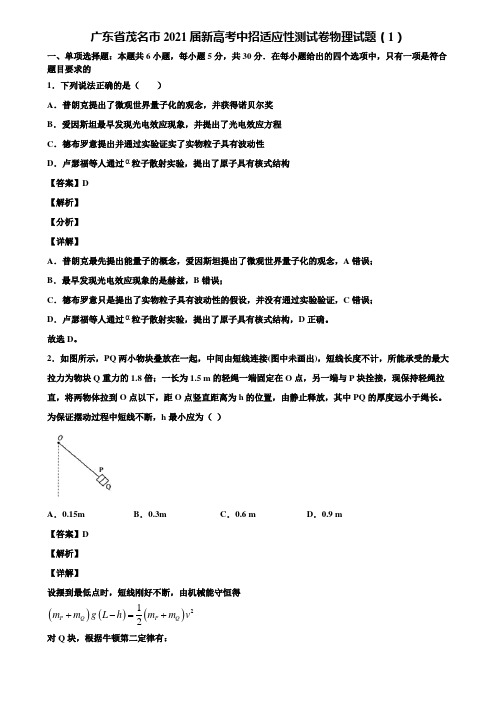 广东省茂名市2021届新高考中招适应性测试卷物理试题(1)含解析