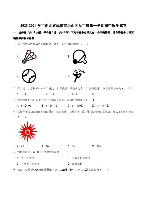 湖北省武汉市洪山区2024届九年级上学期期中考试数学试卷(含解析)