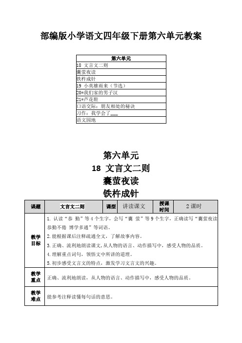 2021部编版小学语文四年级下册第六单元教案及教学反思(附目录)