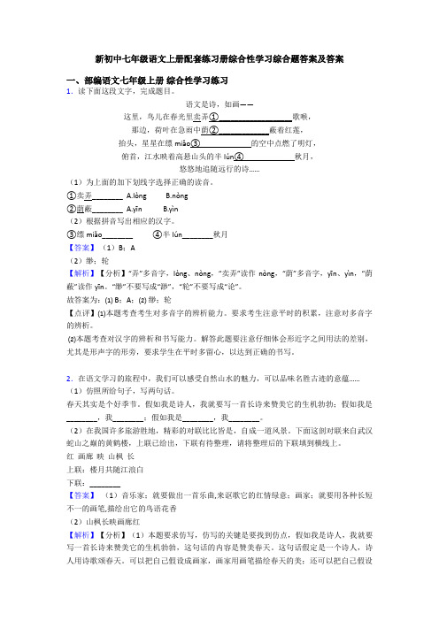 新初中七年级语文上册配套练习册综合性学习综合题答案及答案