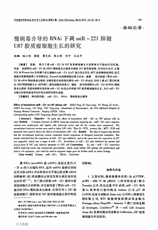 慢病毒介导的RNAi下调miR-221抑制U87胶质瘤细胞生长的研究