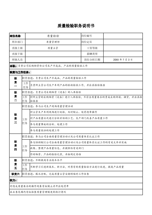 质量检验员-检验员岗位说明书 精品