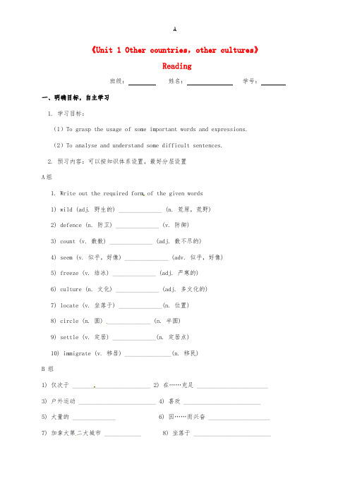 高中英语《Unit 1 Other countries,other cultures》导学案2牛津译