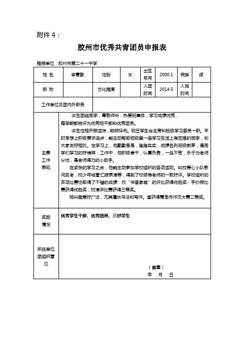 21中学优秀团员申请表