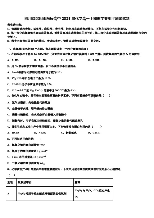 四川省绵阳市东辰高中2025届化学高一上期末学业水平测试试题含解析