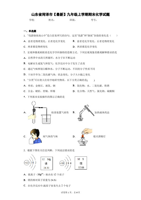 山东省菏泽市2020-2021学年九年级上学期期末化学试题 答案和解析