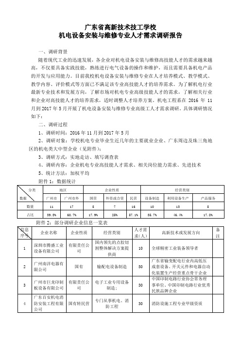 机电设备安装与维修专业高级工人才需求调研报告