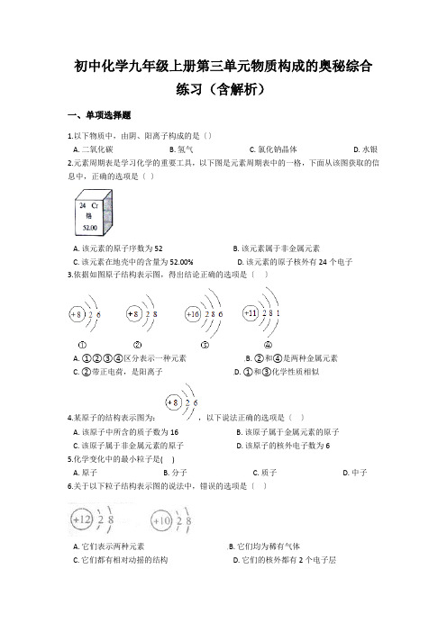 初中化学九年级上册第三单元物质构成的奥秘综合练习(含解析)