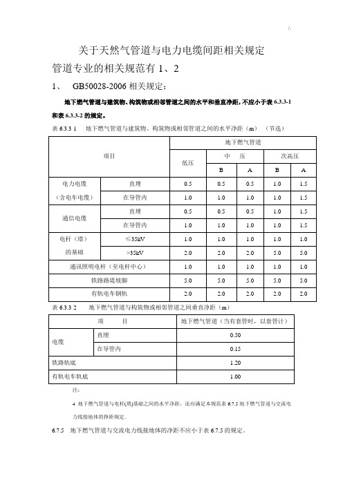 依据天然气管道与电力电缆间距相互规定(个人说明汇总参考材料)