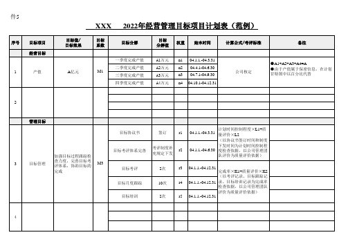 年经营管理目标项目计划表(范例)