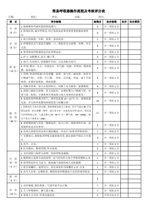 简易呼吸器操作流程及考核评分表