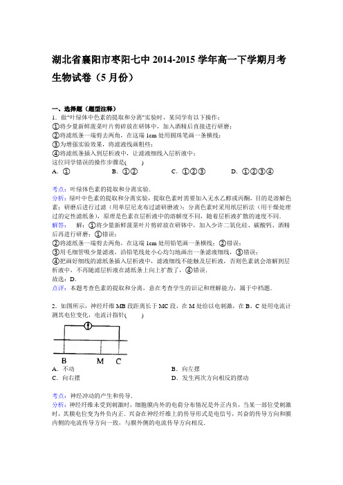 湖北省襄阳市枣阳七中2014-2015学年高一下学期5月月考生物试卷 Word版含解析