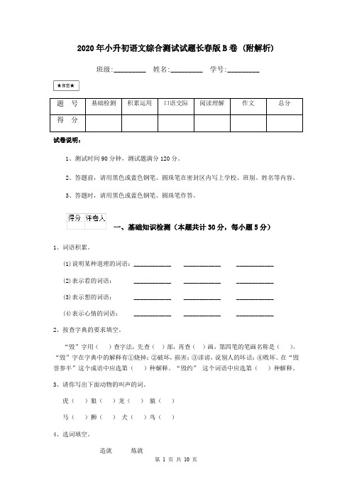 2020年小升初语文综合测试试题长春版B卷 (附解析)