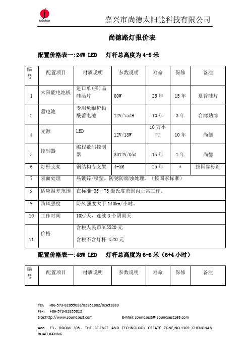 太阳能光伏报价表