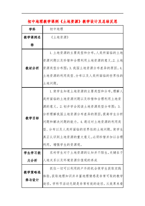 初中地理教学课例《土地资源》课程思政核心素养教学设计及总结反思