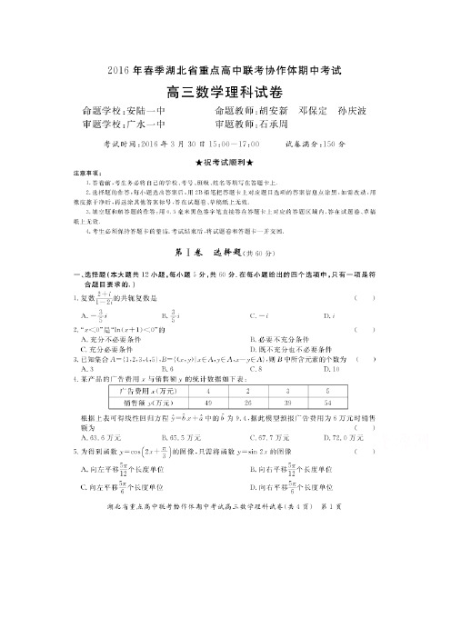 湖北重点高中联考协作体2016高三下学期期中考试数学理试题含答案