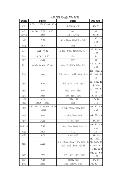 2012年长沙汽车南站发车时刻表