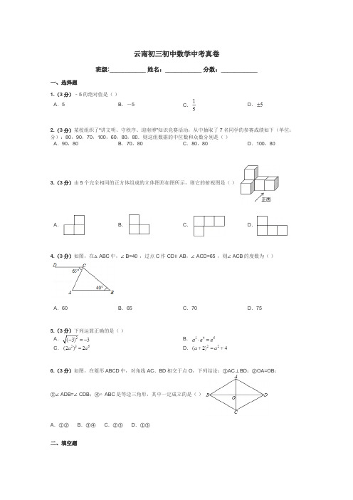 云南初三初中数学中考真卷带答案解析
