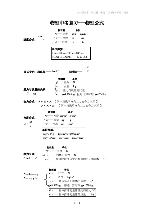 中考(初三)物理复习资料大全(公式)