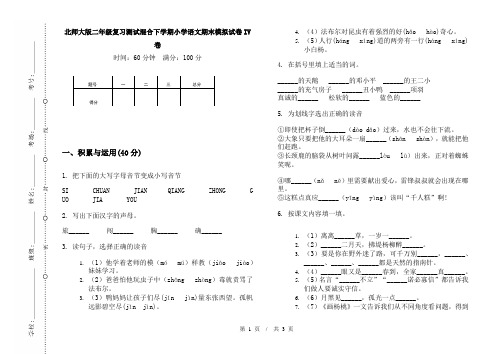 北师大版二年级复习测试混合下学期小学语文期末模拟试卷IV卷