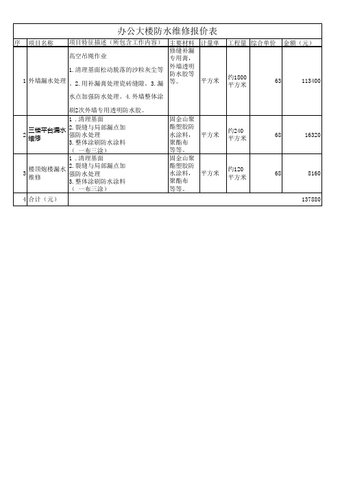 办公大楼防水维修报价表