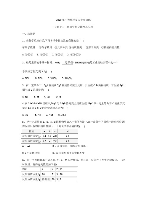 2020年中考化学复习专题训练   专题十二    质量守恒定律及其应用