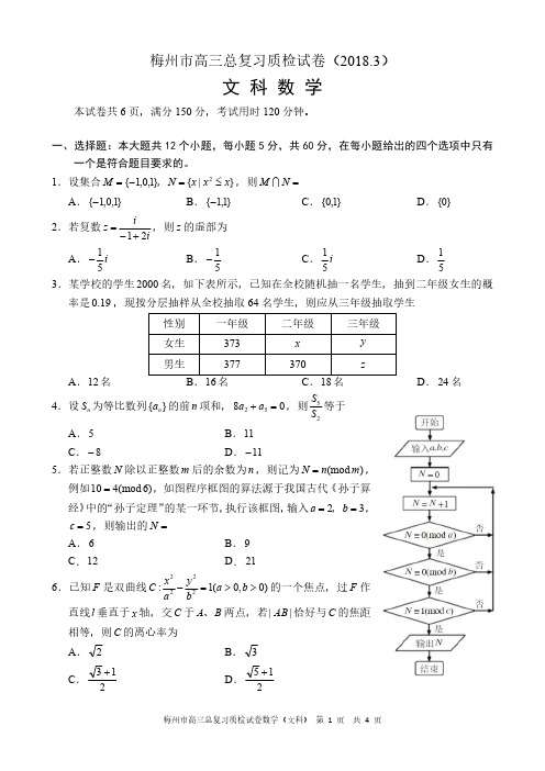 梅州市高三总复习质检试卷文科数学(梅一模)