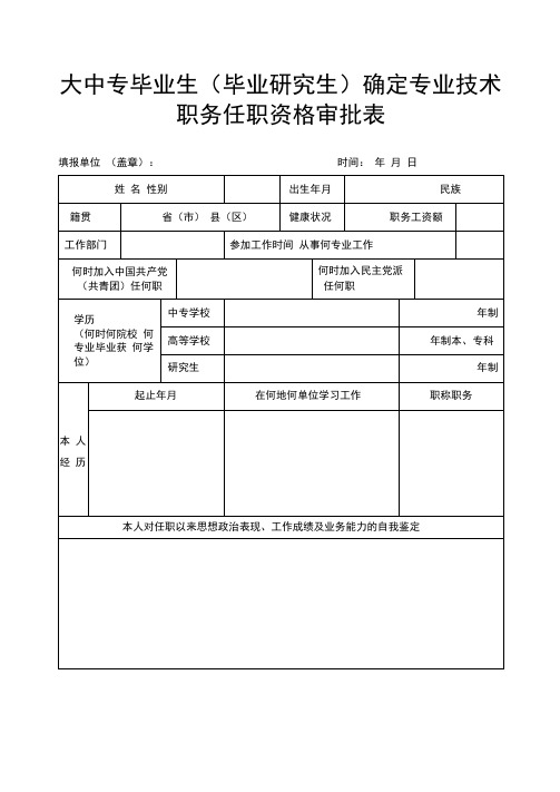 大中专毕业生确定专业技术职务任职资格审批表