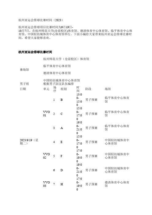 杭州亚运会排球比赛时间(2023)