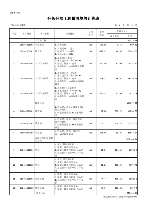 6#楼分部分项工程量清单与计价表