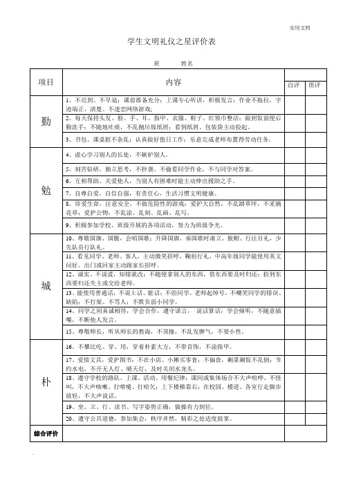 学生文明礼仪之星评价表