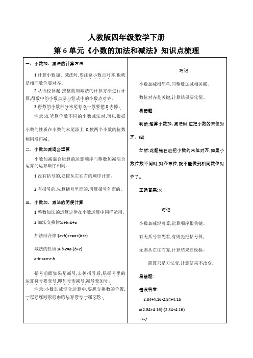 人教版四年级数学下册第6单元《小数的加法和减法》知识点梳理