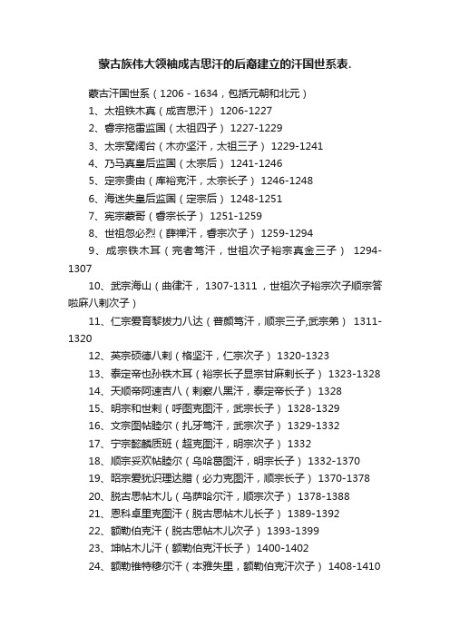 蒙古族伟大领袖成吉思汗的后裔建立的汗国世系表.