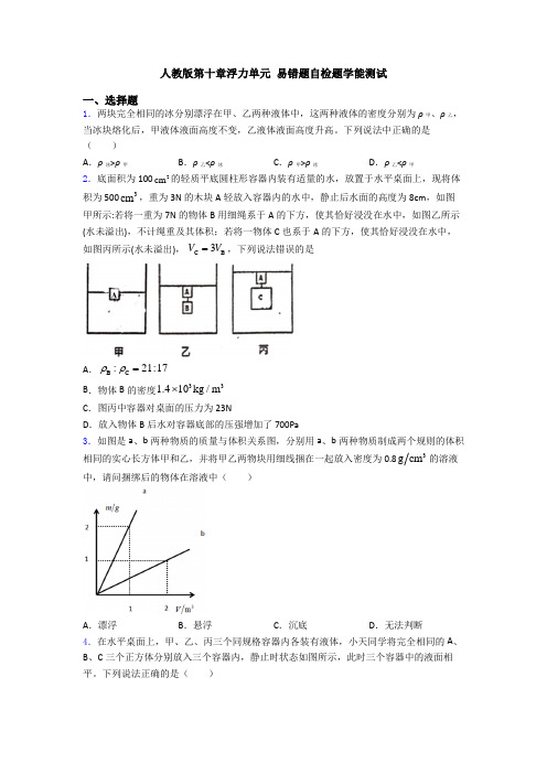 人教版第十章浮力单元 易错题自检题学能测试