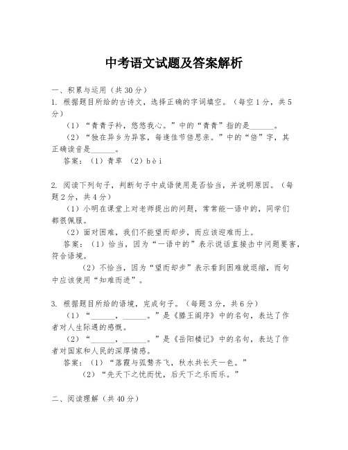 中考语文试题及答案解析