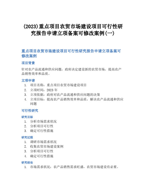 (2023)重点项目农贸市场建设项目可行性研究报告申请立项备案可修改案例(一)