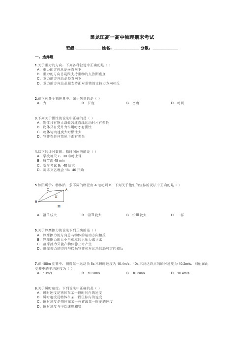 黑龙江高一高中物理期末考试带答案解析
