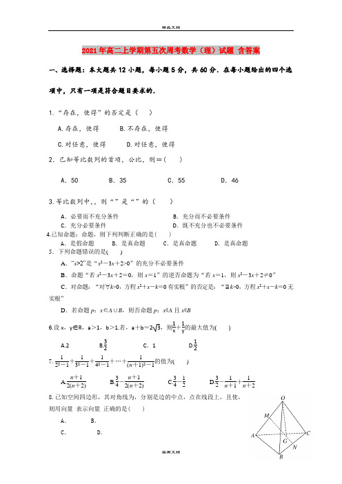 2021年高二上学期第五次周考数学(理)试题 含答案